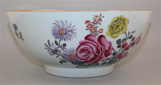 A Chinese export famille rose punch bowl, Qianlong period, 30.8cm, cracks